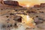 Placeholder: Amazing sunset, rocky arid land, puddle, rocks, mountains, cliffs, sci-fi, weeds, fantasy, john singer sargent watercolor paintings