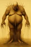 Placeholder: The full body of a fat man standing , decayed and rotting with grotesque proportions and imagery. surreal horror, biomechanical design, by hr giger and beksinski