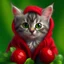 Placeholder: Realistic tiny fluffy kitten cub, holding strawberries , big huge eyes , photorealism, cyberrealism, knitted multi-colored hoodie , sitting in the bushes with raspberries, hyperrealism, realistic, professional photo, aesthetically pleasing, Cute, cute , on a raspberry background