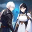 Placeholder: Girl with white hair wearing white robes. Boy with black hair wearing leather armor