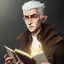 Placeholder: elf with gray hair in beige coat and white shirt reading a tome, studio lighting, nature background, intricately detailed, smooth glowing feathers, trending on artstation