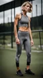 Placeholder: photography of a beautiful anorexic woman, grey satin triathlon top, sports illustrated, blond short wavy bob haircut, pronounced sternum, flat chest, anthracite cycling leggins