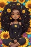 Placeholder: A sassy thick-lined comic book art cartoon black chibi girl lounging lazily on her side, surrounded by colorful flower petals. She is in the middle of the astrological Leo symbol with Prominent makeup. Highly detailed tightly curly black afro. Background of large yellow sunflowers surrounding her . Looking up coyly, she grins widely, showing sharp lion teeth. Her poofy hair forms a mane framing her confident, regal expression.