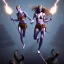 Placeholder: Two women skipping with a rope, demons and angry gods fight in the background, in the style of a Michael Moorcock book cover.