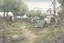 Placeholder: campsite, overgrown, post-apocalyptic, comic book,