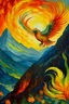 Placeholder: fire bird flying over mountain by van Gogh