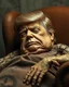 Placeholder: a chubby really old mummified corpse, eyes closed, donald trump hair, leaned over in a brown chair