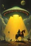 Placeholder: Hieronymus Bosch style nightmare huge ufo spaceship hovering above a man on horse