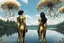 Placeholder: A skinny woman with black hair, in a gold and black android suit, standing, looking out over a lake, with flying dandelion heads with octopus tentacles, with tall narrow cloud trees in the distance