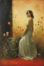 Placeholder: One woman, flowers, vegetations, gothic horror films influence, creepy, depressive, gloomy, witch influence, arnold bocklin, and henry fuseli paintings