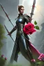 Placeholder: A large metal holy spear weapon covered in rose's and thorns, realistic, fantasy,