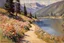 Placeholder: Mountains, lake, flowers, pathway, pine trees, sunny day, theodore robinson impressionism painting