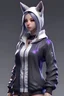 Placeholder: Future Human Kitsune female with black, grey, white, and purple coloration and clothing in a realistic style