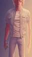 Placeholder: Teen man, blond hair, perfect face, style of tomer hanuka, jeans, white, t-shirt, pompadour
