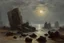 Placeholder: Grey sky, planet in the sky, rocks, mountains, sci-fi, friedrich eckenfelder and willem maris impressionism paintings