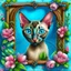 Placeholder: A chocolate point Oriental shorthair siamese kitten peeks out from a heart-shaped opening in a weathered turquoise door,surrounded by delicate pink flowers & green vines.The kitten's large,expressive eyes & soft fur create a charming & whimsical scene.realistic watercolor illustration vampiress, gothic attire, moonlit, alluring grin
