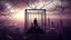 Placeholder: inner in an cube like cage stands a nonbynari human figure and gaze city, , in outside around in the distance big landscape with big city and many fade human figures in the city, dark purple, gray, black, white, brown. Whimsical style neuron network background, surreal stunning vibe