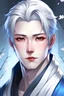 Placeholder: a snow-white medium-short haired hair with blue eyes with white greyish eyebrows that is a Japanese and has a medium length lip size and has spiky hairstyle that is around his 30s as a noble man in the medieval time period