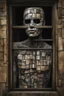 Placeholder: a human body patchwork sewn of big pieces of human skin. looking through a window. . scary. terrifying. intense horror. clive barker. h. r. giger. book cover art.