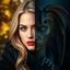 Placeholder: a portrait of a person. One half of their face is an attractive blonde woman in the day, the other a gargoyle statue at night