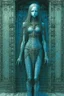 Placeholder: A beautiful girl with long hair , full body , front view . decayed and rotting with grotesque proportions and imagery. grotesqueries, detailed texture, surreal horror, biomechanical design, by hr giger and beksinski , on blue color