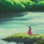 Placeholder: girl sitting by the river, green landscape with bioluminiscent trees, 8k 4d photo realistic, at dusk, light dust, artstation, deviantart, ghibli