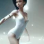 Placeholder: 3d female, muscular, white leotard, black hair, cute big circular reflective eyes, thin waist, Pixar studio movie style, unreal engine cinematic smooth, intricate detail, cinematic, wide angle, full body