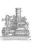 Placeholder: deseneaza un sketch in stil minimal art , hasurat cu linii scurte de hasuri oblice scurte , stil gravura metalică reprezentand masina cu aburi si pistoane de fabricat vise