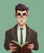 Placeholder: Fit man in round glasses with bookshelf in background,no beard, reading book, slim, tie, monotone, green eyes, comic book style, two tone colours, detailed, ink, realistic, handsome, square jaw, big brows, no jacket, bird on the shoulder, spotlight