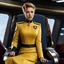 Placeholder: Scarlett Johansson as a Starfleet officier, she sits in the yellow dress uniform on the captain's chair