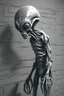 Placeholder: a gray alien standing by a wall pissing back view he turned face write scared