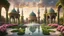 Placeholder: Hyper Realistic Huge Green-Bricked & beautifully-crafted-Brown-minarets & marble-flooring in a huge beautiful flower-garden with grass-arches & water-fountain & pigeons flying at cloudy sunset showing dramatic & cinematic ambiance