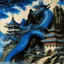 Placeholder: A dark blue castle with a dragon guarding it painted by Utagawa Hiroshige