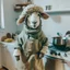 Placeholder: A sheep in the shape of a sheep, wearing a cooking outfit that looks the same color as its skin, in the kitchen, cooking