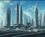 Placeholder: Spaceport on a heavy industrialized planet with futuristic high rise buildings with glass facades in the background and a docked spaceship in the foreground, retrofuturistic, art by John Berkey, brutalist architecture, insanely detailed, vibrant, 8k uhd, cinematic atmosphere, ultra-wide angle, street level view, brush strokes, blue sky with clouds, sharp focus