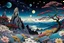 Placeholder: Colourful, peaceful, Amano, Hiroshige, night sky filled with galaxies, planets and stars, rock formations, trees, flowers, one-line drawing, sharp focus, 8k, deep 3d field, intricate, ornate, hypermaximalist