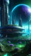 Placeholder: sci fi planet, space station, spires, northern lights, plants