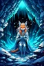 Placeholder: the goddess Nyx as a night fox living under the snow in a dark cave lit with fire, anime, airbrush with pen outline