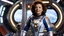 Placeholder: grown up Penny Robinson from lost in space: she stands in her iconic space suit inside the spaceship