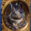 Placeholder: fantasy magic, sharp focus, illustration, highly detailed, digital painting, concept art, art germ and Paul Lewin and Kehinde Wiley, masterpiece silver slolo rabbit, dark blue aye