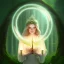 Placeholder: romantic fantasy spray painting, portrait of very cute hooded green eyed blonde robed bard with halo sitting on huge stone, bubbles, tossing torch in magical forest, foliage frame, magic wand