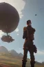 Placeholder: pilot standing beside a crashed zeppelin