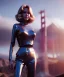 Placeholder: Ultra Realistic retro sci-fi movie, ovni flying San Francisco scene, 1960 year, waist up view portrait, a super giant blonde woman, sweet teenager Jane Fonda face, perfect iris, glow eyes, face makeup, tight latex coat, many people, Retro sci-fi style, soft color, highly detailed, unreal engine 5, ray tracing, RTX, lumen lighting, ultra detail, volumetric lighting, 3d, finely drawn, high definition, high resolution.