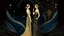 Placeholder: This image is a digital illustration in the stylized Art Nouveau or Art Deco style, characterized by its flowing lines and elegant, often abstract shapes. The scene depicts two women standing in front of a dark, starry background, with a faint outline of additional figures on the left side. The woman on the left is wearing a flowing tan dress with a wide, draped neckline and a voluminous skirt. Her hat is a matching tan with a wide brim and bow, and she is holding a fan in her right hand. Her ex