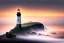 Placeholder: Lighthouse in England, foggy day with a climp of sunset, seagull is sitting in the foreground