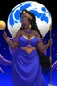 Placeholder: an anime drawing of an 40 year old black woman. she had dark hair in box-braids and a royal headdress. she is wearing a purple moon-themed african zulu gown. she is plus sized. she has a royal scepter.