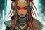 Placeholder: front facing portrait illustration of a grunge armored female , beaded dreadlock hair, cyberpunk vampire mercenary wearing an ancient ornate japanese kitsune mask , and shemagh, highly detailed with gritty post apocalyptic textures, caught in a cosmic maelstrom of swirling gases , finely detailed facial features and hair, in the graphic novel style of Bill Sienkiewicz, and Jean Giraud Moebius, ink wash and watercolor with realistic light and shadow