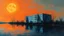 Placeholder: An eerie, textured painting depicts a desolate, blue-grey building complex under a vibrant orange sky with a large, glowing sun. The building and bare trees are reflected in dark, still water, adding to the scene's somber mood.