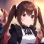 Placeholder: Clear focus, High resolution, Rough line, cute, anime style, red eyes, sparkling eyes, brown hair, red eyes, wearing a maid outfit, long twin tails, long bangs,choppy long bangs