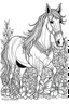 Placeholder: outline art for horse coloring pages with horse and flowers, white background, Sketch style, full body, only use outline, clean line art, white background, no shadows and clear and well outlined